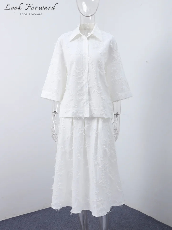 Tassel Shirt Long Skirt Suit Women Loose Lapel Buttons Blouse Aline Skirt Set Female Full Sleeve Autumn white Sets Lady 251014