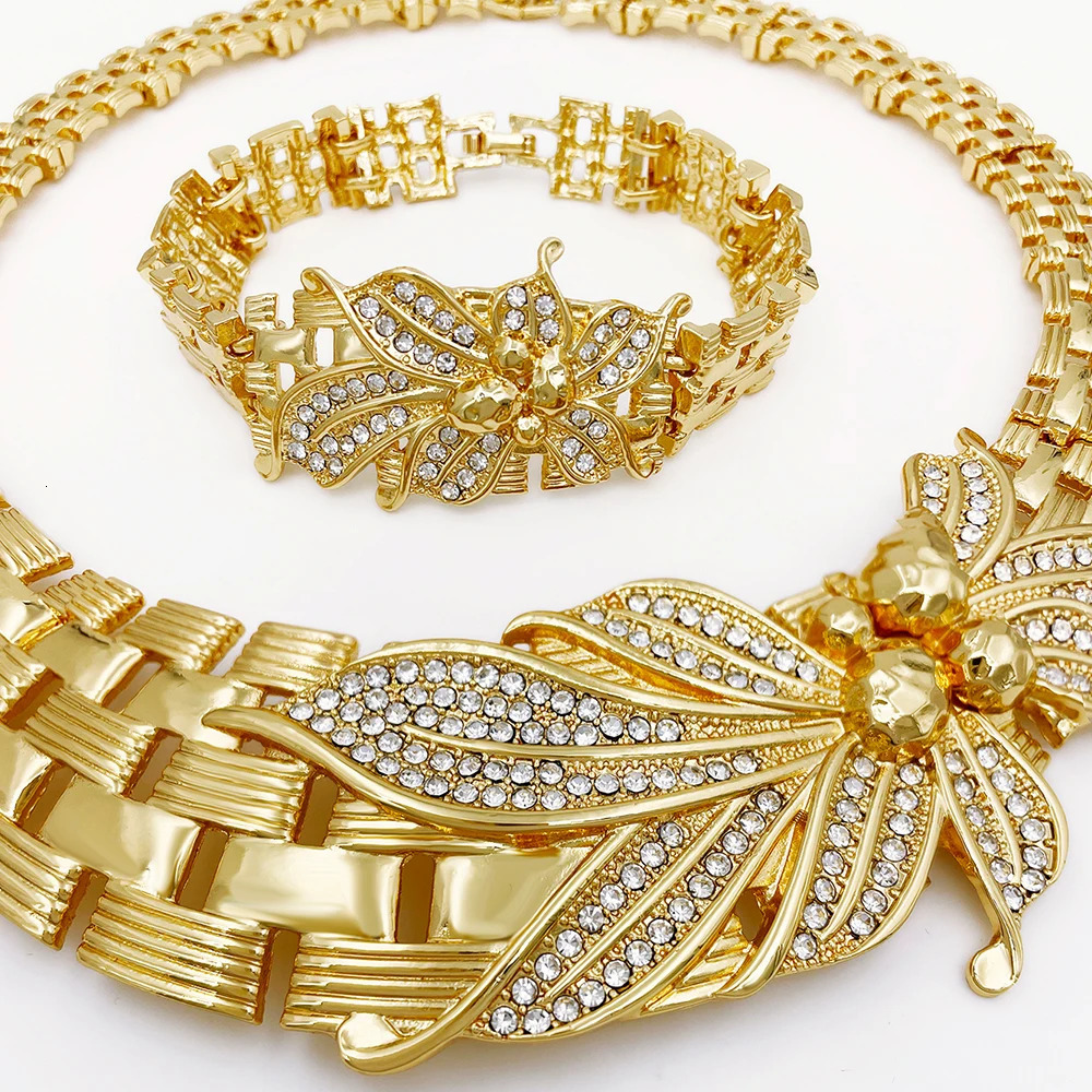 YTJX Wedding Jewelry Set Africal Big Flower Choker Necklace Fine Zircon Bracelet Piercing Earring Ring 18K Gold Plated Jewellery 251016