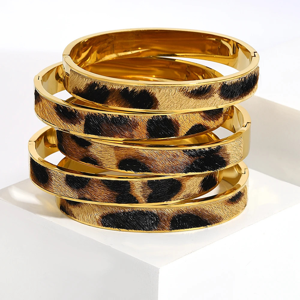 Flashbuy Gold Color Random Pattern Leopard Bangle Bracelet For Women Statement Stainless Steel Wrist Fashion Jewelry 251016
