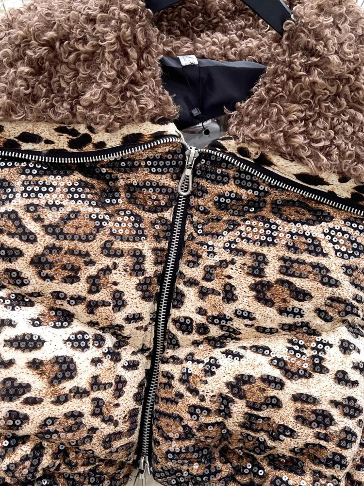 Fashion Y2k Leopard Print Down Cotton Jacket Winter HighQuality Plush Large Collar Splicing Drawstring Sequin Thick Coat Women 251017