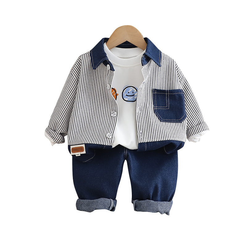 Boys' Spring and Autumn Set 2025 New Style Infant and Children's Long Sleeve Western Style Three piece Cowboy Set with Vertical Strips free 