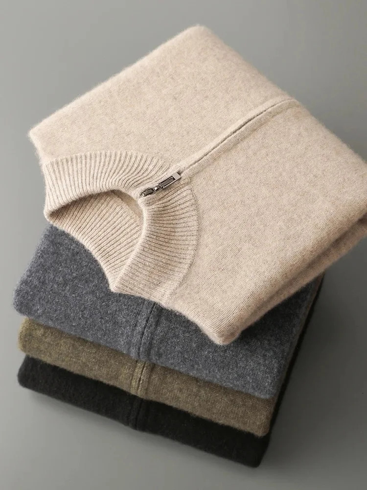 Mens Business Jacket Autumn Winter Sweater Cardigan 100 Merino Wool Knitted Coat Mock Neck Soft Thick Casual Outerwear 251015