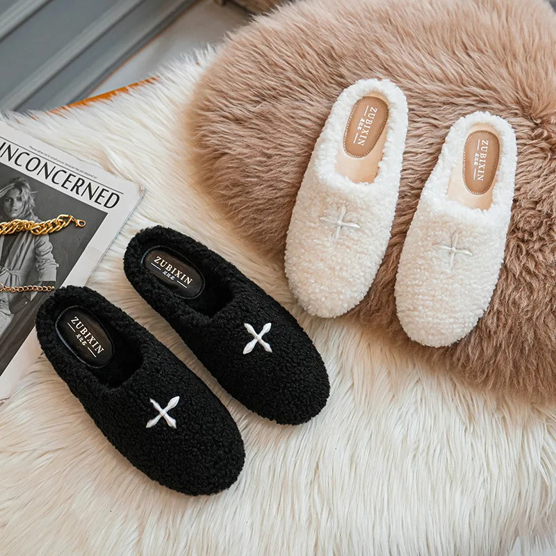Big Size 4243 Women Lambswool Slippers Embroider Shoes Winter White Fur Slides Pantufla Loafers Femme Plush Cotton Woolen Mules 251013