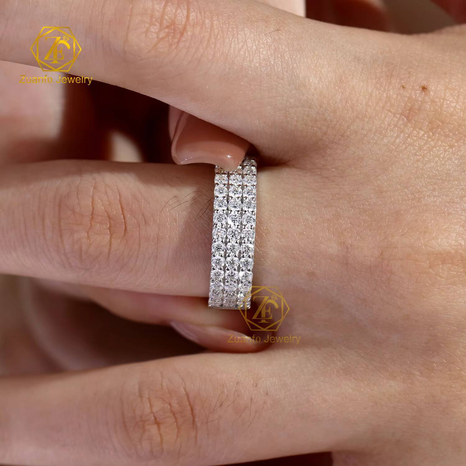 Custom VVS Moissanite Gemstone Ring 925 Sterling Silver White Gold 3Rows Moissanite Half Eternity Band Fine Ring