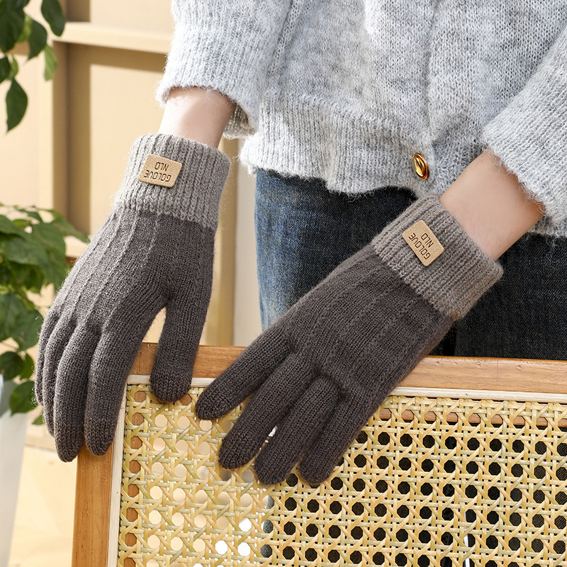 Korean Version Winter Warm Wool Windproof Adult Fleece Lined Thickened Five-Finger Touchscreen Knitted Cold-Proof Cycling Outdoor Gloves