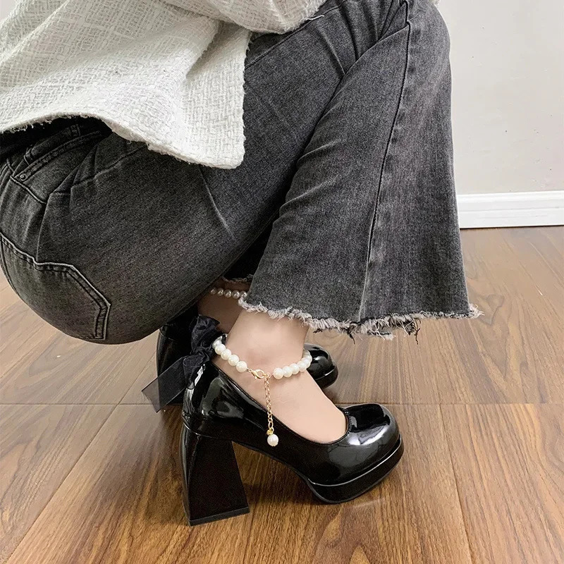 Women High Heels Elegant Bow Square Toe Women Mary Jane Shoes Pearl Lace Party Wedding Shoes Fashion Platform Women Pumps 251010