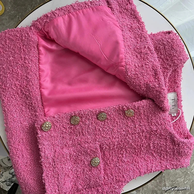 Tweed Vest Womens: Elegant O-Neck Sleeveless Wool Jacket, Korean Style Jacket. Lightweight Pink And White Coat For Women Ddmywonder