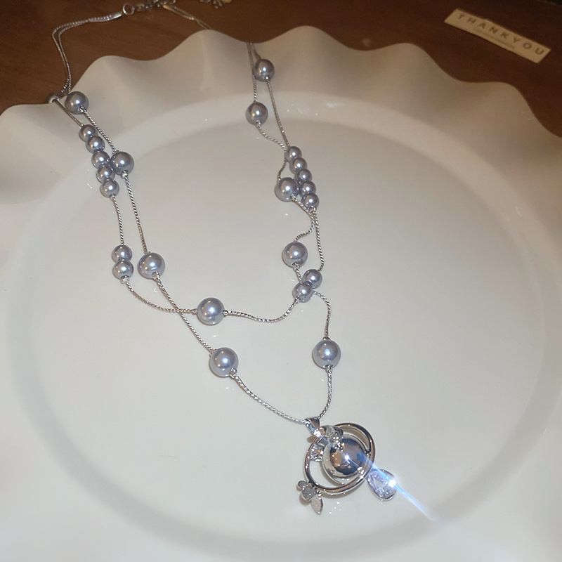 Inlaid Dia Saturn Water Drop Pearl Necklace French Light High-end Sweater Chain Autumn Winter Versatile Simple Jewelry Accessories