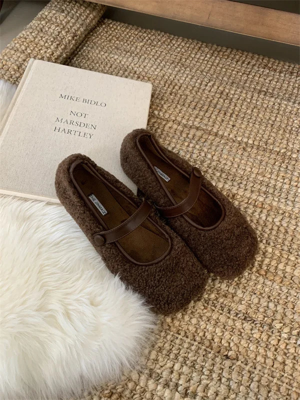 Comfortable Square Toe Wool Ballet Flats Women Warm Teddy Fur Mary Jane Shoes Women Elegant Fluffy Plush Loafers 251013
