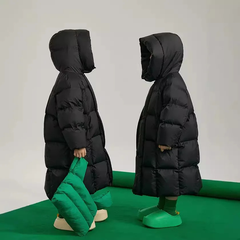 Winter Children Warm Down Jacket Teen Solid Color Thick Hooded Zipper Coat Kid Boys Girls Long Cottonpadded Clothes 251015