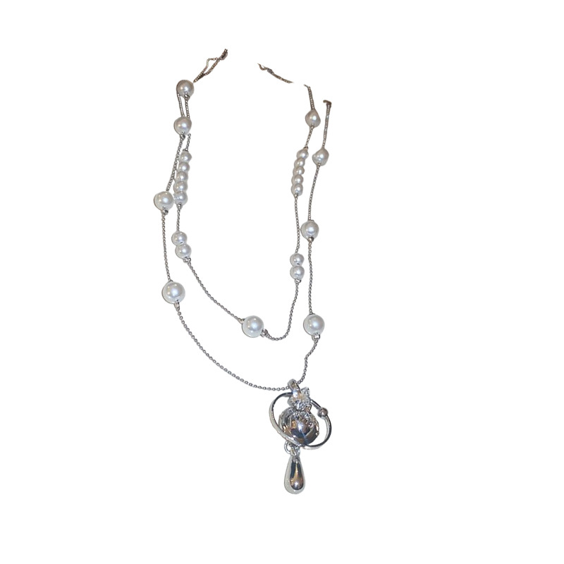 Inlaid Dia Saturn Water Drop Pearl Necklace French Light High-end Sweater Chain Autumn Winter Versatile Simple Jewelry Accessories