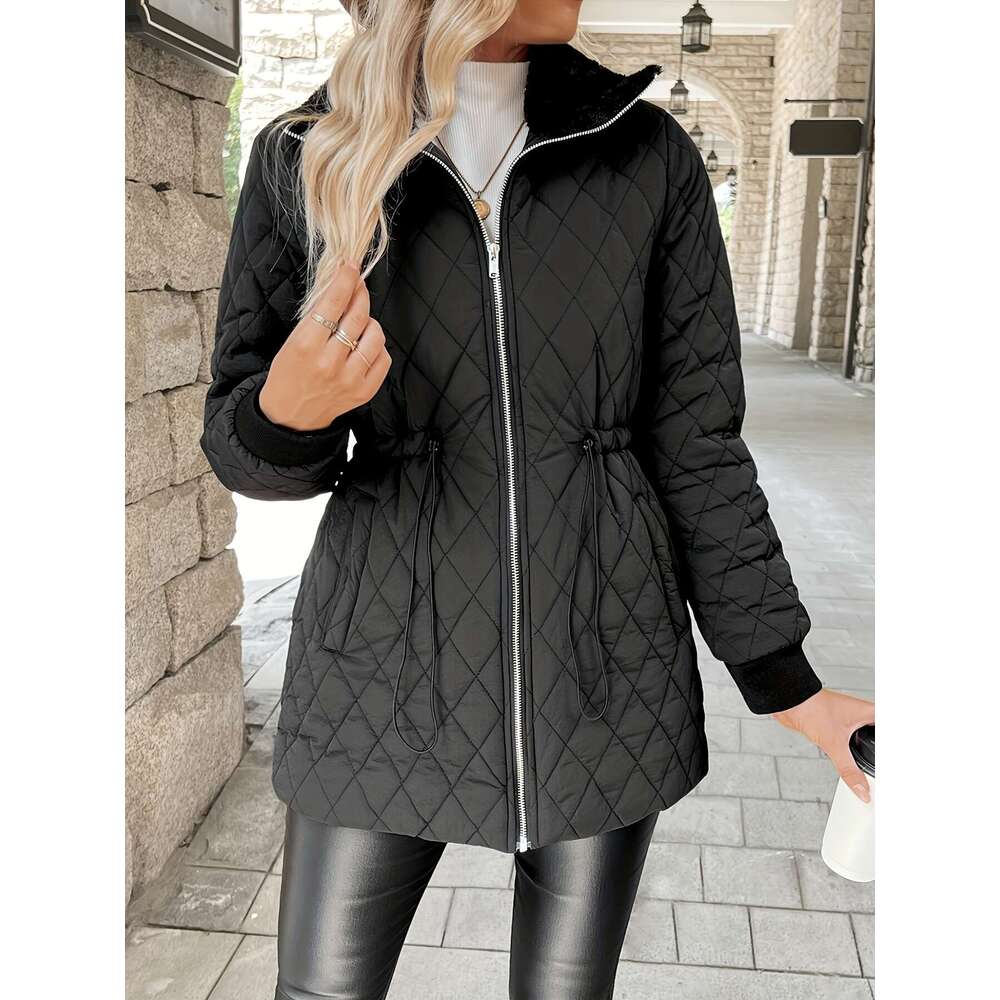 Solid Color Zipper Quilted Drawstring Jacket, Elegant Long Sleeve Warm Autumn And Winter Coat For Women