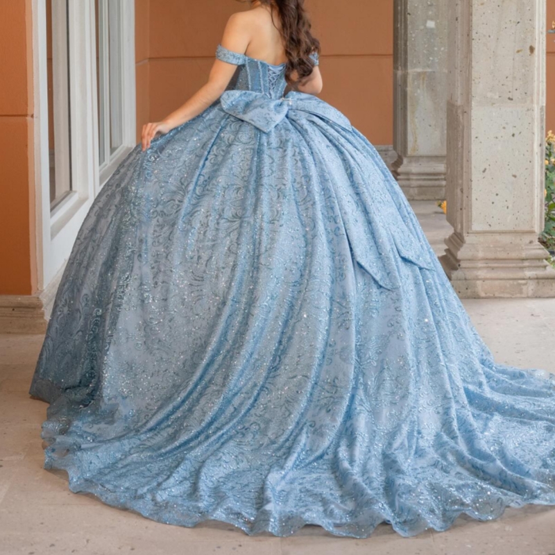 Pink Shiny Quinceanera Dresses Off The Shoulder Sequin Applique Lace Beading Crystal Bow Tull Party Birthday Sweet 16 Dres Vestidos 15 De Anos