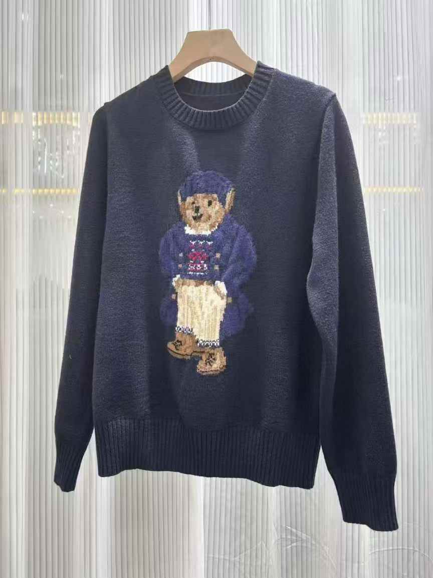 Designer brand, hot-selling knitted long-sleeved sweater with cartoon pattern and embroidered wool round neck.