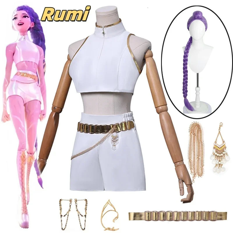 KPop Demon Hunters Kids Rumi Zoey Mira Cosplay glitter Costume White Uniform Set Huntrix Outfit For Girls Halloween Role Play 251017