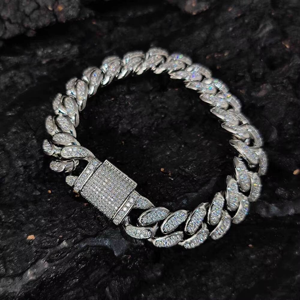 Hip Hop S925 Sterling Silver Link Chain Bracelet VVS Moissanite Iced Out Cuban Style for Men