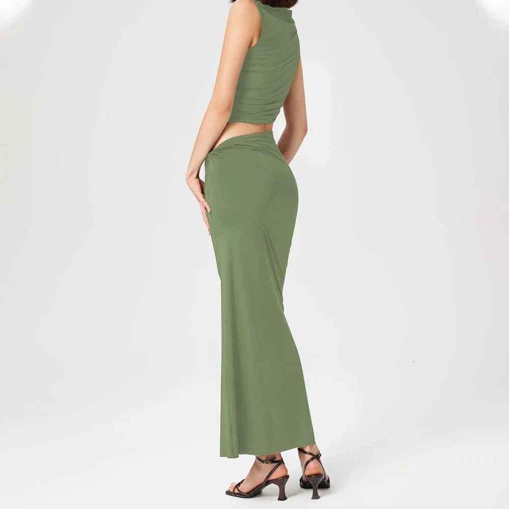 Talenza Knitted Long Skirt Set 2piece Womens Solid Color Slim Casual Skirt Set Sleeveless Pullover Vacation Long Skirt Set 251014