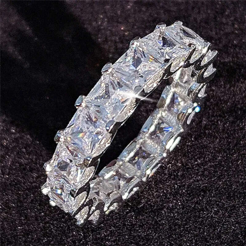Rulalei Brand Stunning Jewelry Sterling Sier Princess Cut Full White Topaz CZ Dia Gemstones Women Wedding Finger Ring Gift