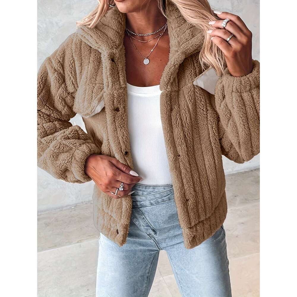 Pink Jacket Soft Pink Women's Plush Casual Jacket Hine Washable Stand-Up Collar Button Front Winter Coat | Fall/Winter Outerwear For Everyday Com