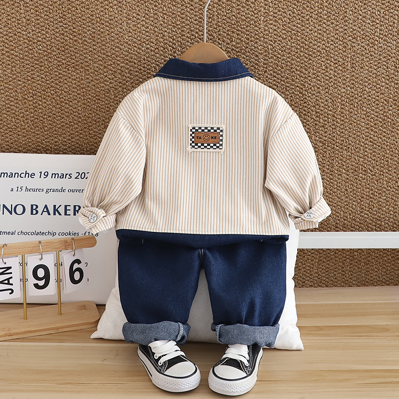 Boys' Spring and Autumn Set 2025 New Style Infant and Children's Long Sleeve Western Style Three piece Cowboy Set with Vertical Strips free 