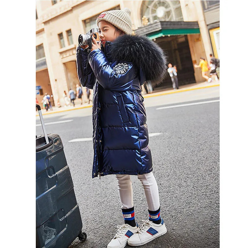 30 Teen Girls Jacket Winter Long Solid Color Glossy Waterproof Thick Warm Hooded Parkas For 514Y Kids Fur Collar Cotton Coat 251017