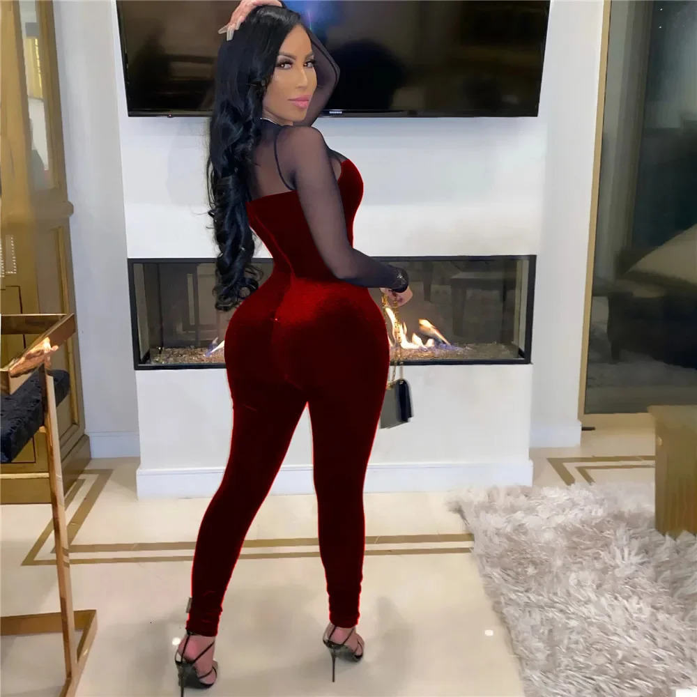 Sexy Sheer Mesh Patchwork Velvet Jumpsuit Women Long Sleeve Skinny Rompers Womens Jumpsuit Elegant Slim Bodycon Party Overalls 251016