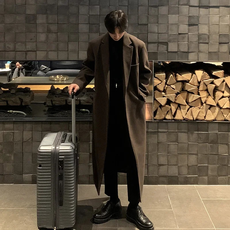 Mens Autumn and Winter Fashion Long Wool Woollen Coat Korean Version of Solid Color Loose Casual Tweed Trench with Belt 251017