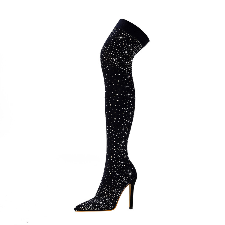 Crystal-Embellished Fishnet Over Knee Boots 11cm Stiletto Heel Stretch Fit Evening Glamour Boots Black