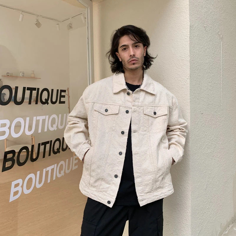 European Autumn Winter Ivory White Denim Coats For Men Jacquard Pattern Ripped Washed Male Oversized Jeans Jackets 251014