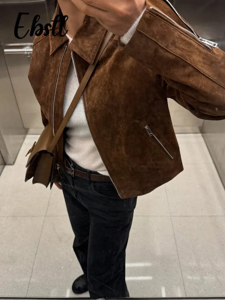 Street Suede Zippers Short Jackets Womens Vintage Lapel Full Sleeve Pocket Jacket 2025 Autumn Winter Lady Casual Outwear 251010
