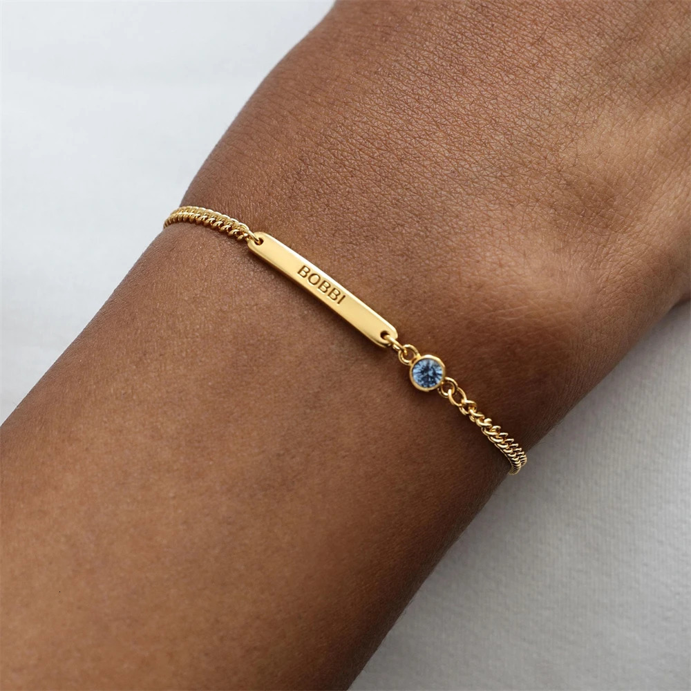 Personalized Birthstone Bar Bracelet Custom Engraved Name ID Bracelets Stainless Steel Adjustable Chain Vintage Jewelry Pulsera 251008