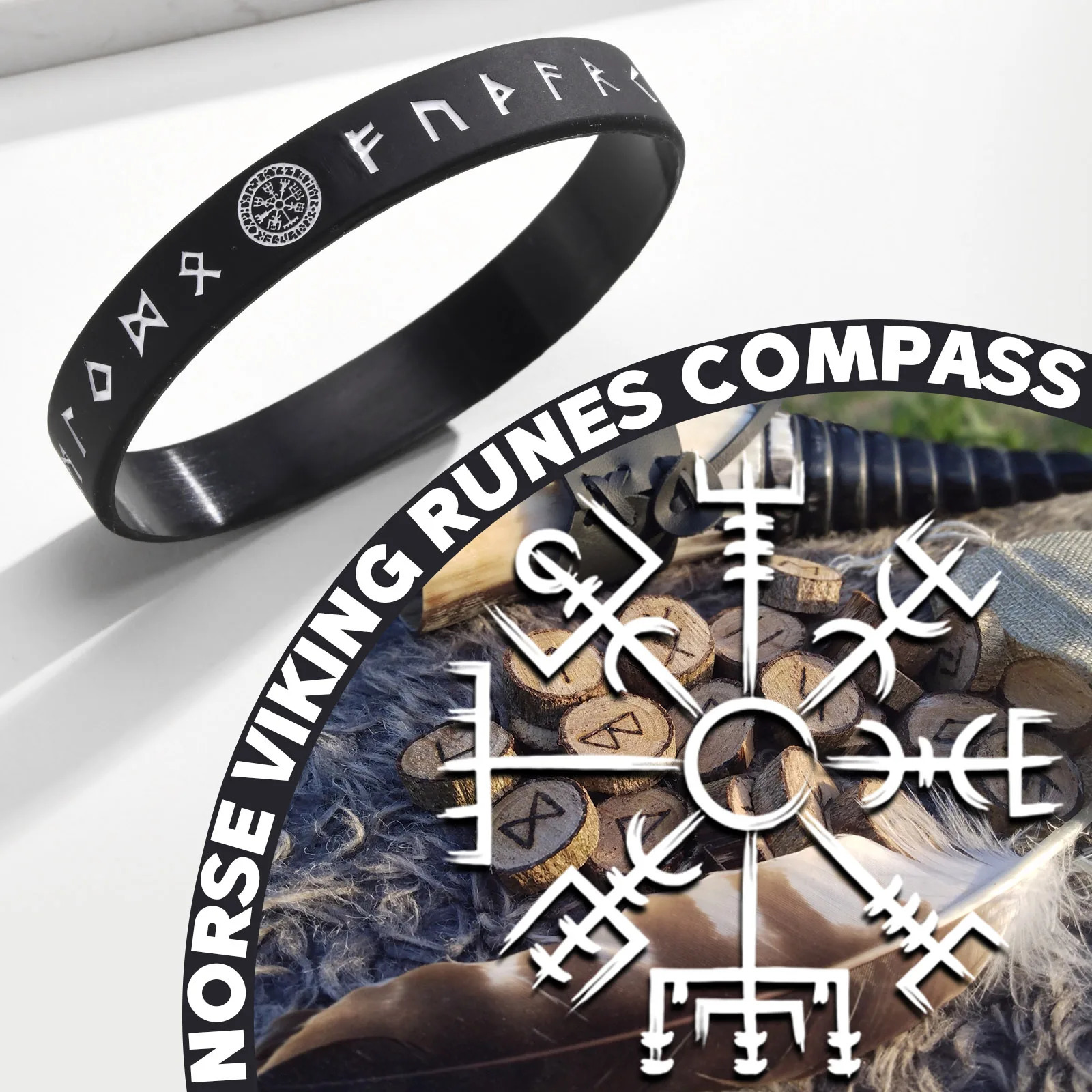 Vnox 12mm Silicone Bracelet for Men Soft Rubber Silicone Wristband Nordic Viking Compass Rune Almut Bangle Set 251014