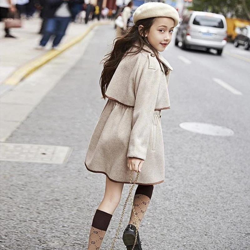 Winter Beige Thick Long Jackets Little Kids Girls Coat Breasted Woolen Overcoat Cotton Trench Jackets Teenage Girl Coat 216Y 251015