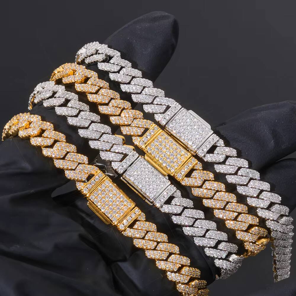 NUOYA Hip Hop Fine Jewelry 8mm Flip Button Diamond Double Row Diamond Bracelet Gold Plated Iced Out CZ Cuban Link Chain