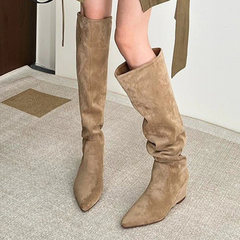Wedges Women Long Boots Suede Fashion Pointed Toe Shoes Knee High Woman Winter Boots Dress Femme Botas 251011