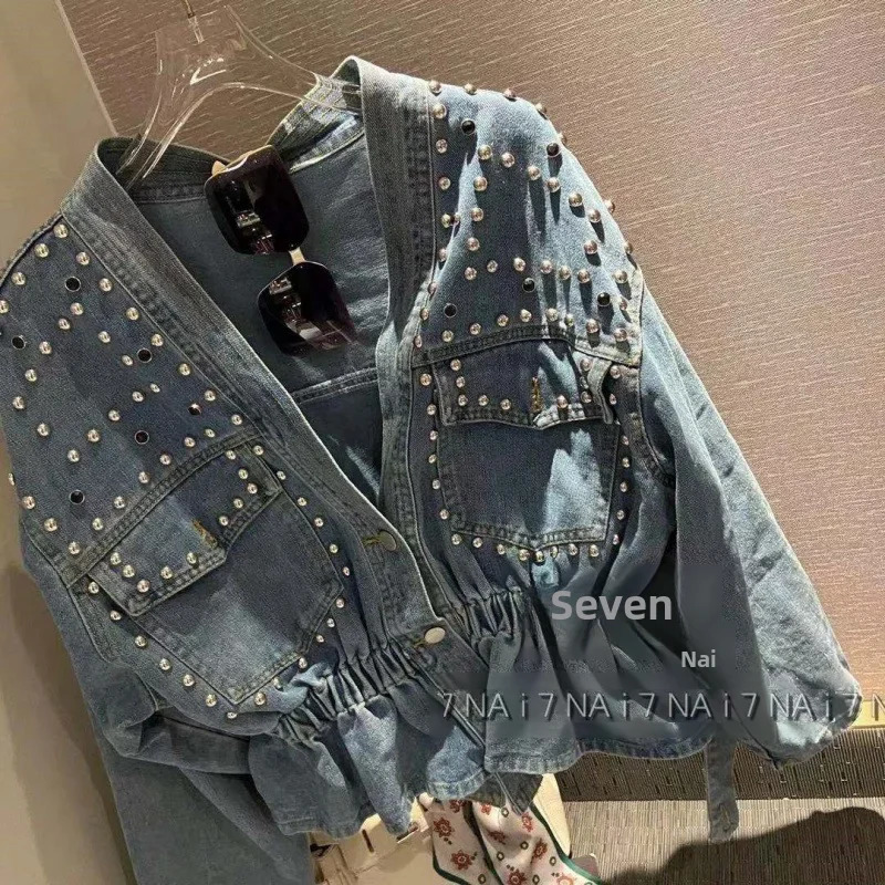 Denim Jacket Womens Spring Autumn Style Heavy Embroidery Studs Beadings Loose Fit Cropped Stylish Long Sleeve Top 251009