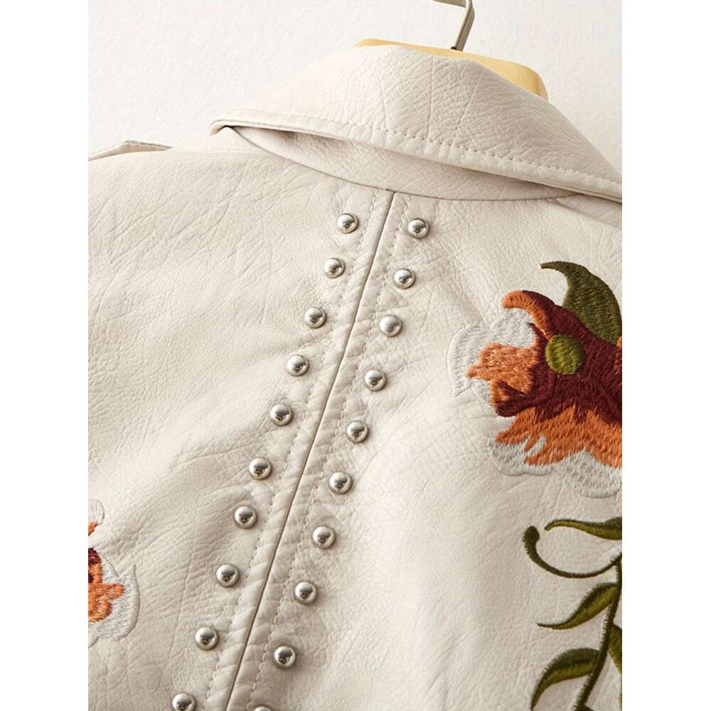 Women Floral Embroidered Moto PU Jacket Coat