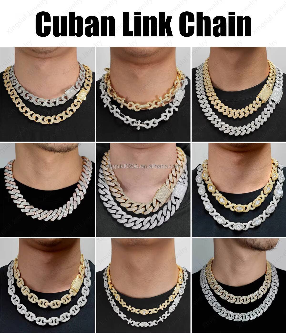Hip Hop Style Jewelry 925 Silver 18K Gold Plated Mens Baguette Cuban Necklace 12mm Iced Out Diamond Moissanite Cuban Link Chain