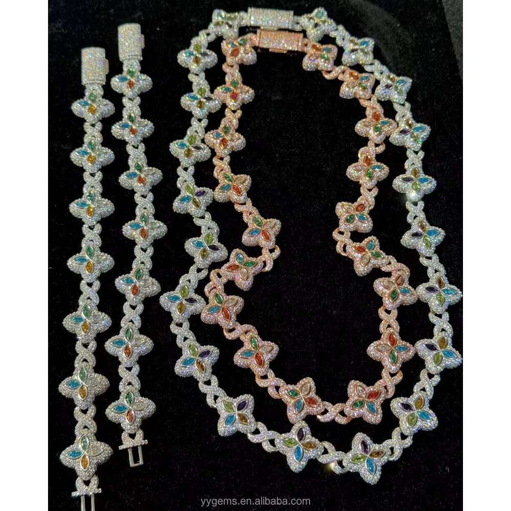 Countess Yuying Cut Flower Style Color Silicon Stone Real Gold Plated S Sier Cuban Chain Necklace Hip Hop Jewelry