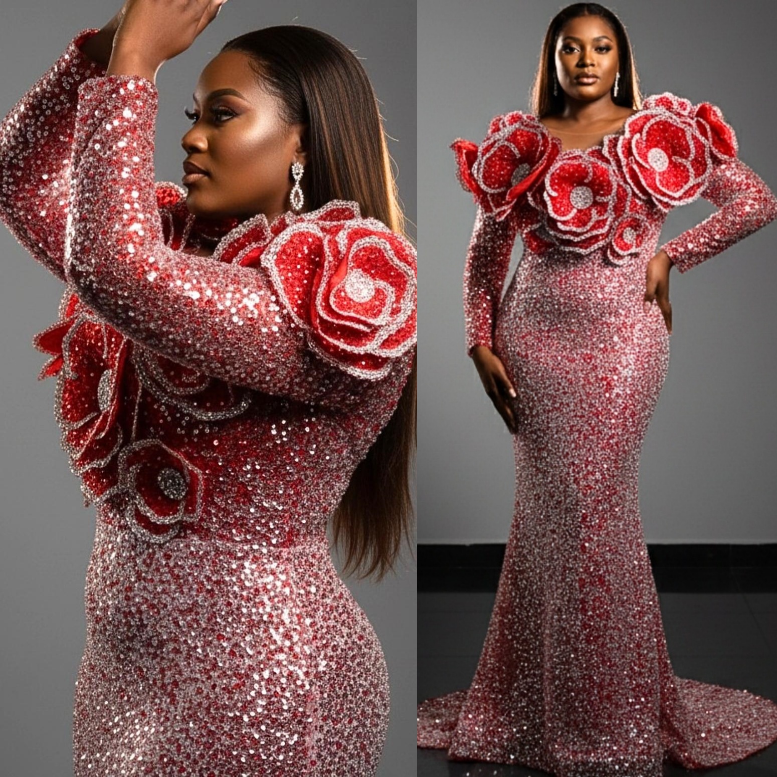 Red Mermaid Prom Dresses 2025 3D Flowers Crystals Sequined Full Sleeves Evening Formal Party Second Birthday Engagement Gowns Plus Size Dress For Spec