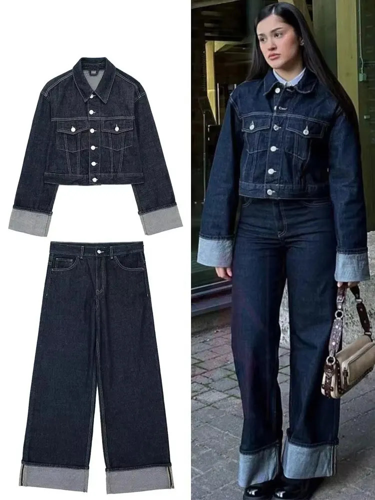 HH Women Vintage Denim Jacket Pant Sets Single Breasted Lapel Long Sleeve Coat Wide Leg Trousers Jeans High Street Outfits 251016