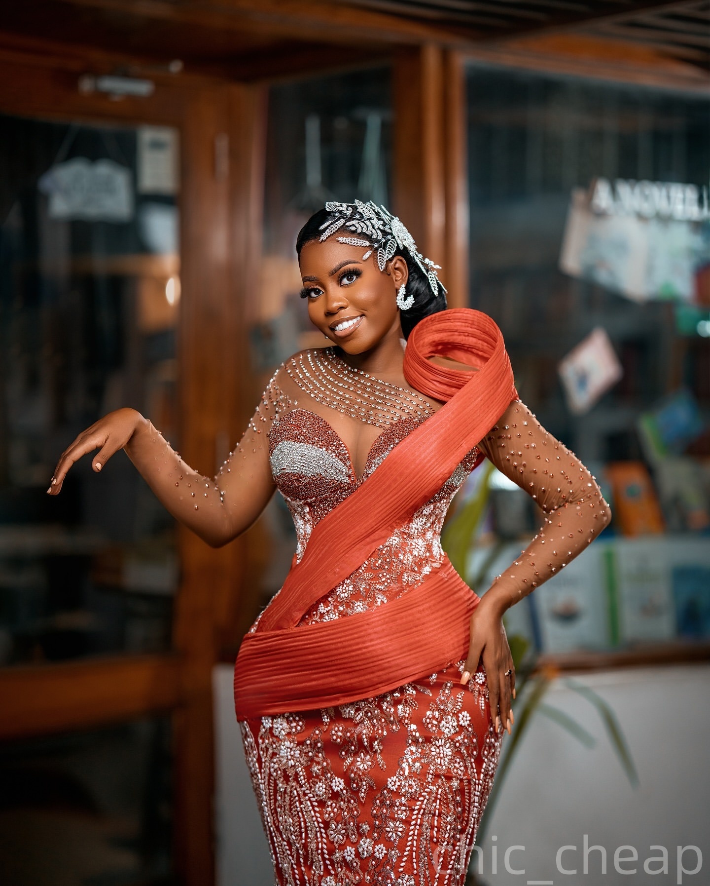 Burnt Orange Mermaid Prom Dresses 2025 Beaded Crystals Sheer Neck Evening Formal Party Second Birthday Engagement Gowns Plus Size Dress For Special Oc