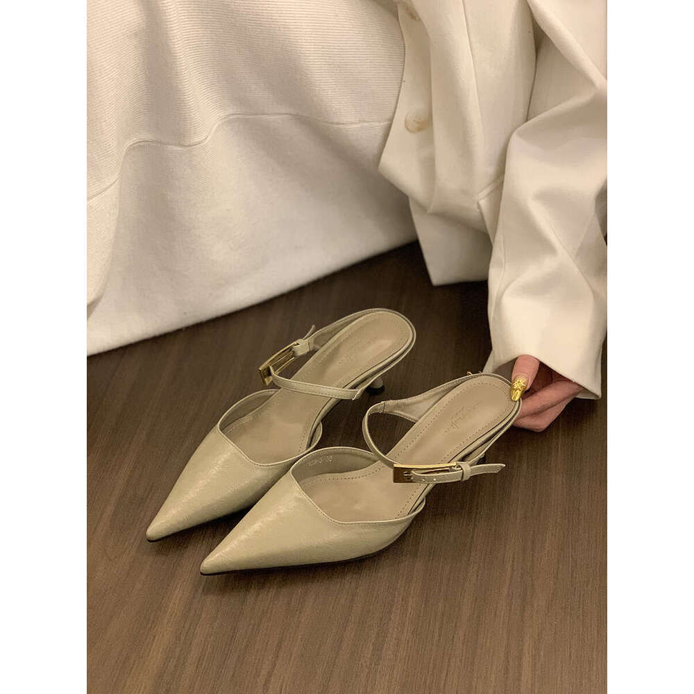 French Style Black Mid-High Heel Designer Shoe Peep-Toe Mules for Women, Outdoor Wear, 2025 New Elegant Socialite Half-Slip Single Shoes