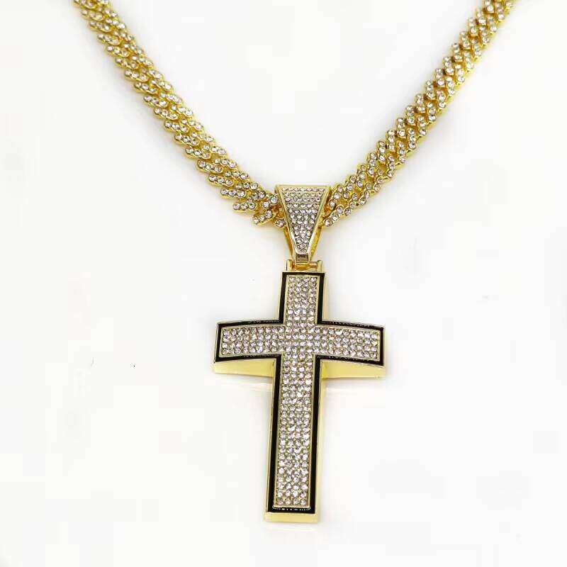 Men's Bold Cross-Shaped Cuban Pendant Necklace Zinc Alloy Chain Moissanite Hip-Hop Style