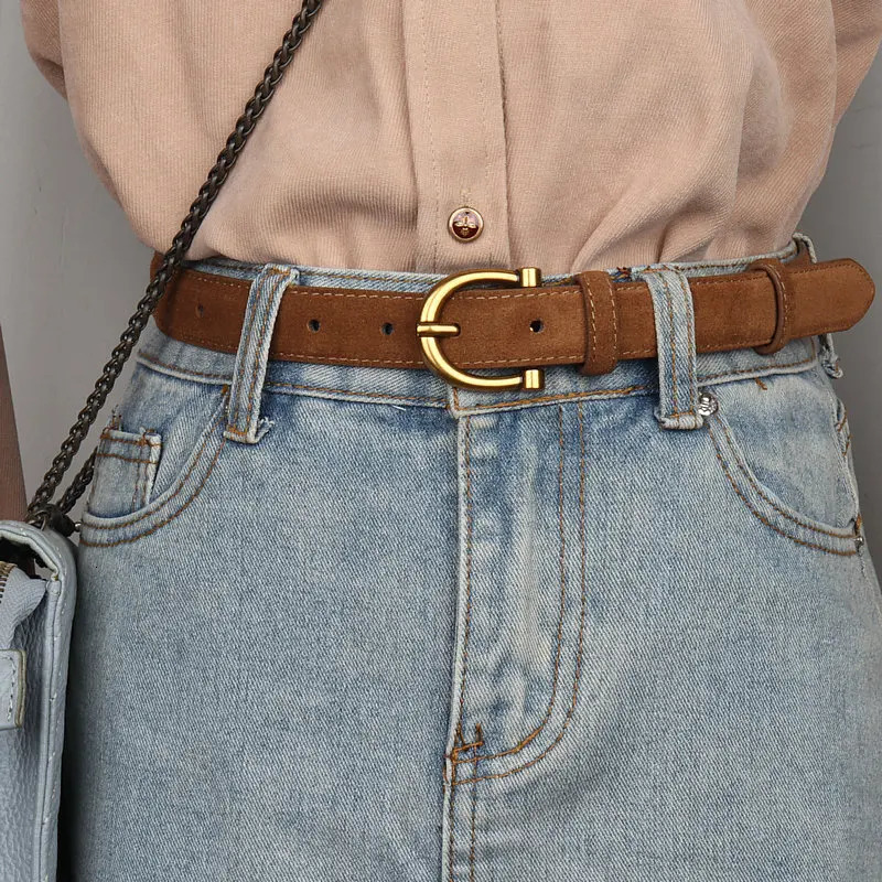 Genuine Leather Suede Women Belt Fashion Skinny Waistband Retro Gold Buckle Brown Belts for Jeans Pants 251016