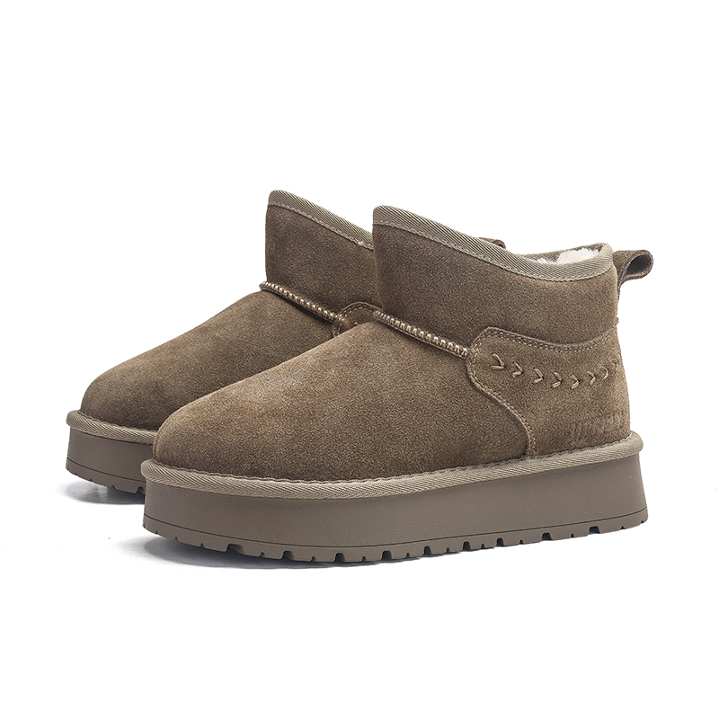 JIFFFLY Women's Low Top Thick Bottom Snow Boots Tasman Plush Slip Shoes Classic Thick Bottom Plush Boots Brown Suede Wool Comfortable Winter Sued