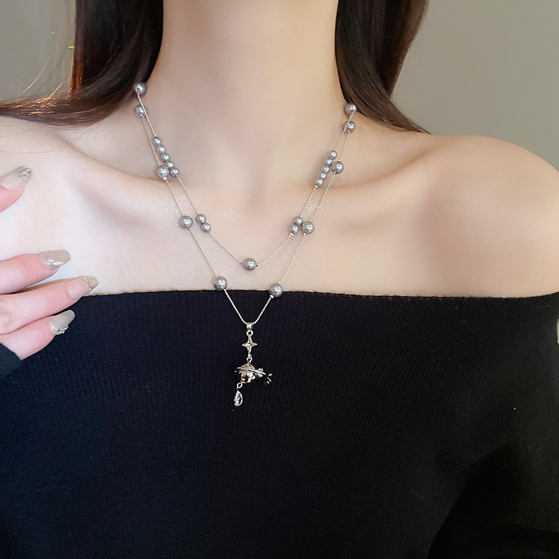 Inlaid Dia Saturn Water Drop Pearl Necklace French Light High-end Sweater Chain Autumn Winter Versatile Simple Jewelry Accessories