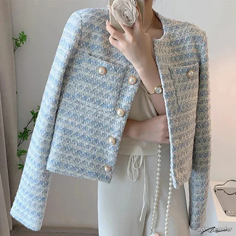 Cropped Cardigan: Elegant Single-Breasted Autumn/Winter Pearl Button Long Sleeve Outwear Top - Perfect For Chic Style, Ladies Blue Tweed Jacket Ddmywo