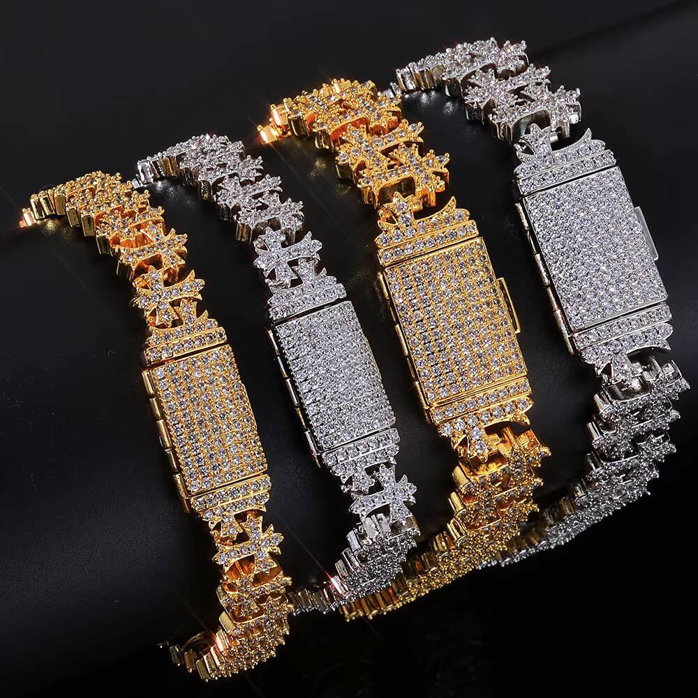 Eskeem Luxury Spring Buckle Bracelet for Women Men 8511mm Size Iced Out Cubic Zirconia Cross Design Bling Fine Jewelry