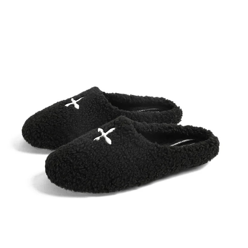 Big Size 4243 Women Lambswool Slippers Embroider Shoes Winter White Fur Slides Pantufla Loafers Femme Plush Cotton Woolen Mules 251013